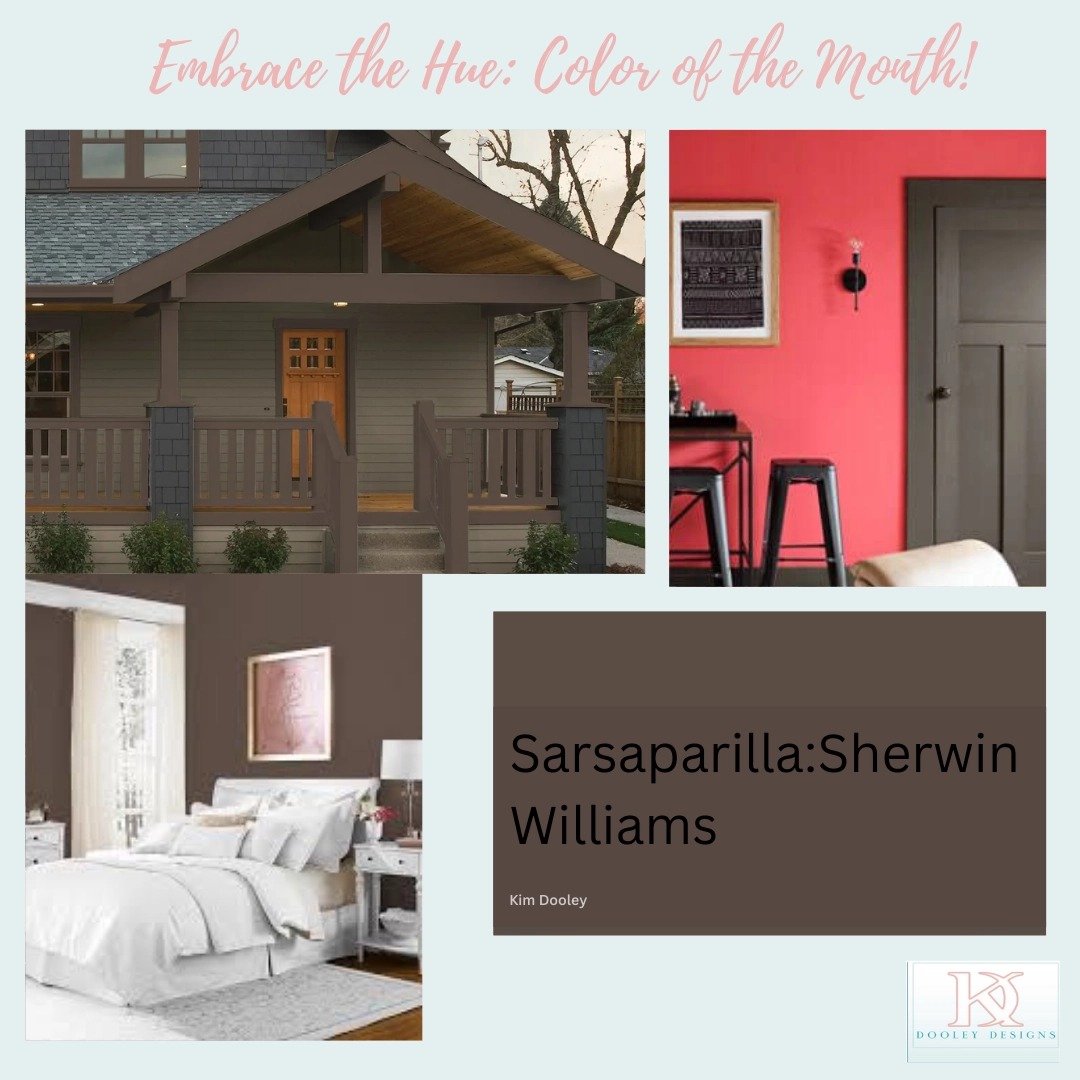 A collage highlights Sherwin Williams Sarsaparilla paint, featuring a brown house exterior, a bedroom with brown walls, a coral-red entryway, and a swatch labeled Sarsaparilla: Sherwin Williams by Kim Dooley. -Dooley Designs by Kim